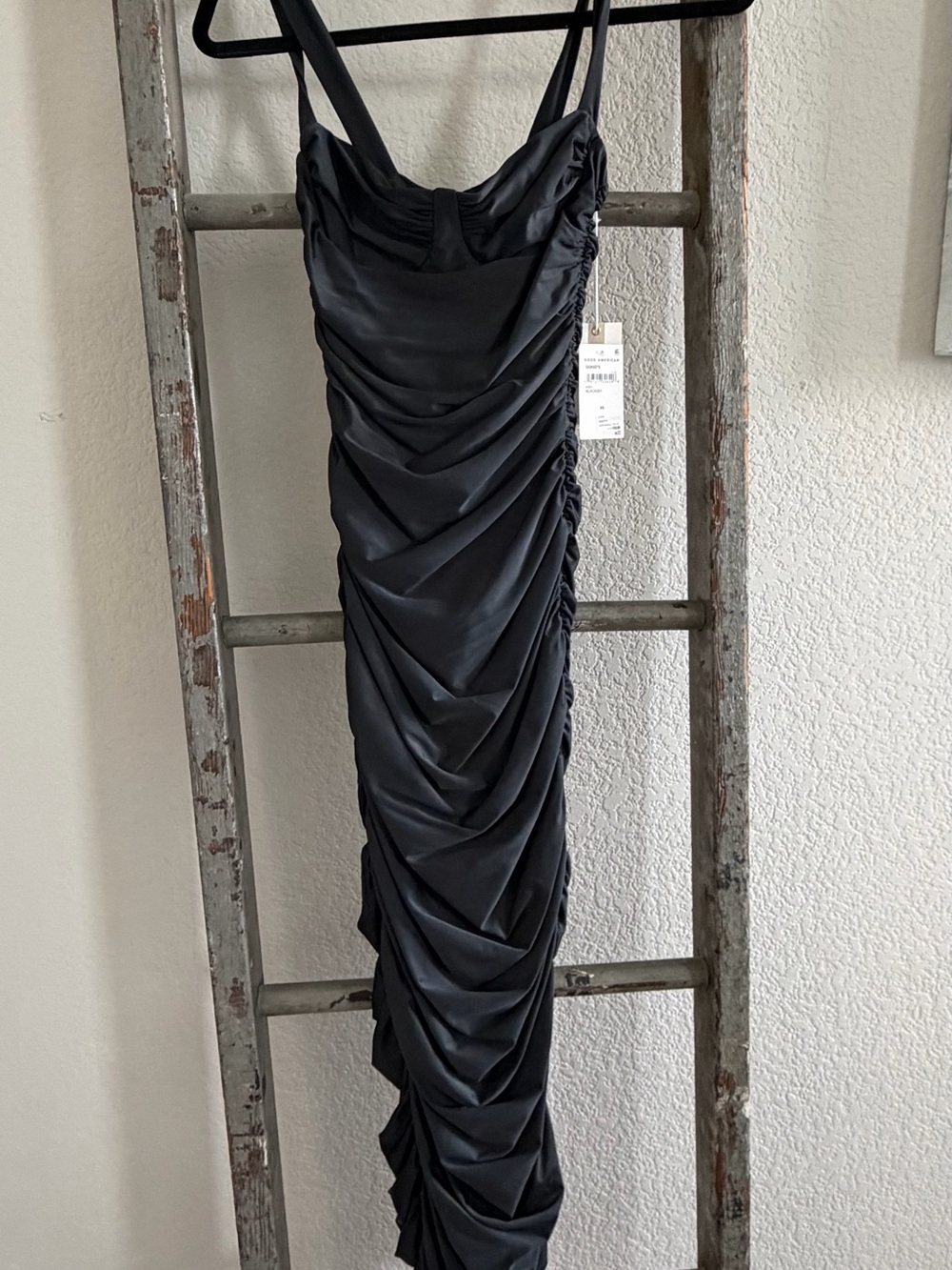 Good American Black Ruched Satin Maxi Dress with Adjustable Straps